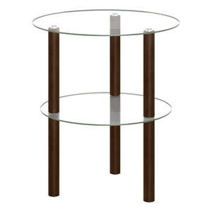 2-Tier Round End Table with Clear Tempered Glass Top and Shelf-Brown
