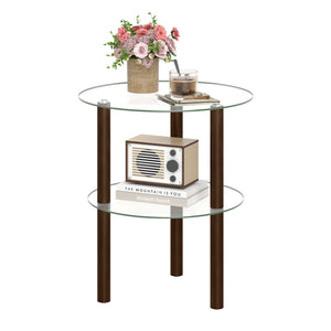 2-Tier Round End Table with Clear Tempered Glass Top and Shelf-Brown view 4