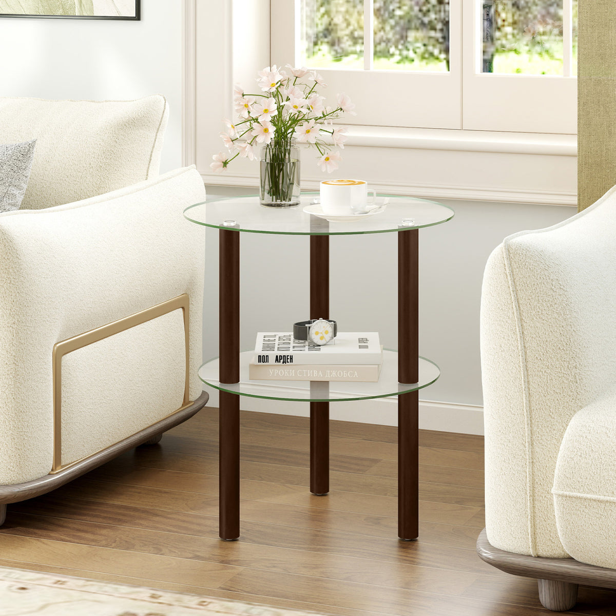 2-Tier Round End Table with Clear Tempered Glass Top and Shelf-Brown view 2
