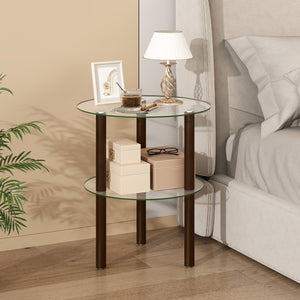 2-Tier Round End Table with Clear Tempered Glass Top and Shelf-Brown view 3