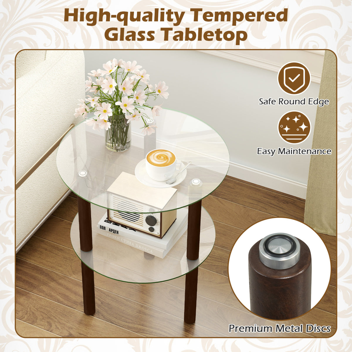 2-Tier Round End Table with Clear Tempered Glass Top and Shelf-Brown view 6