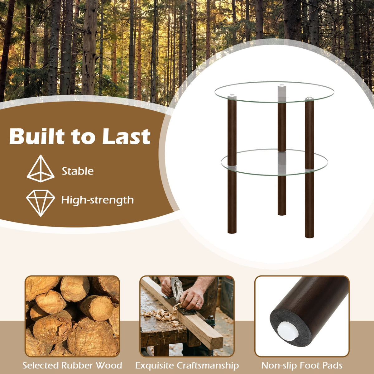 2-Tier Round End Table with Clear Tempered Glass Top and Shelf-Brown view 7