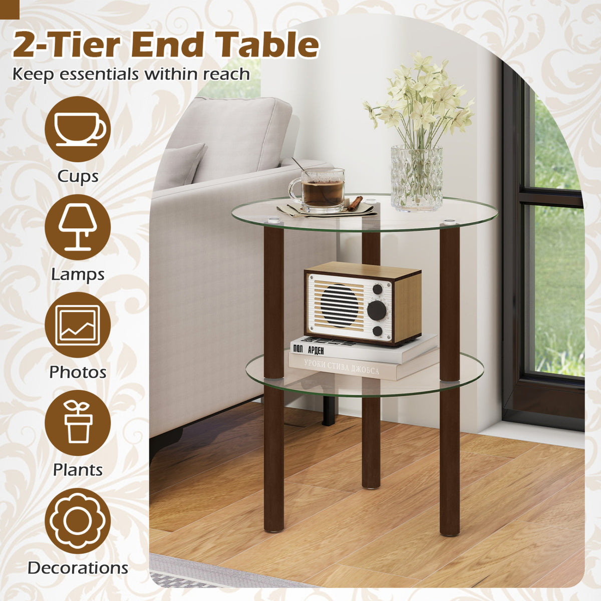 2-Tier Round End Table with Clear Tempered Glass Top and Shelf-Brown view 8