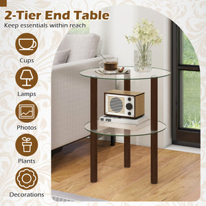 2-Tier Round End Table with Clear Tempered Glass Top and Shelf-Brown view 8