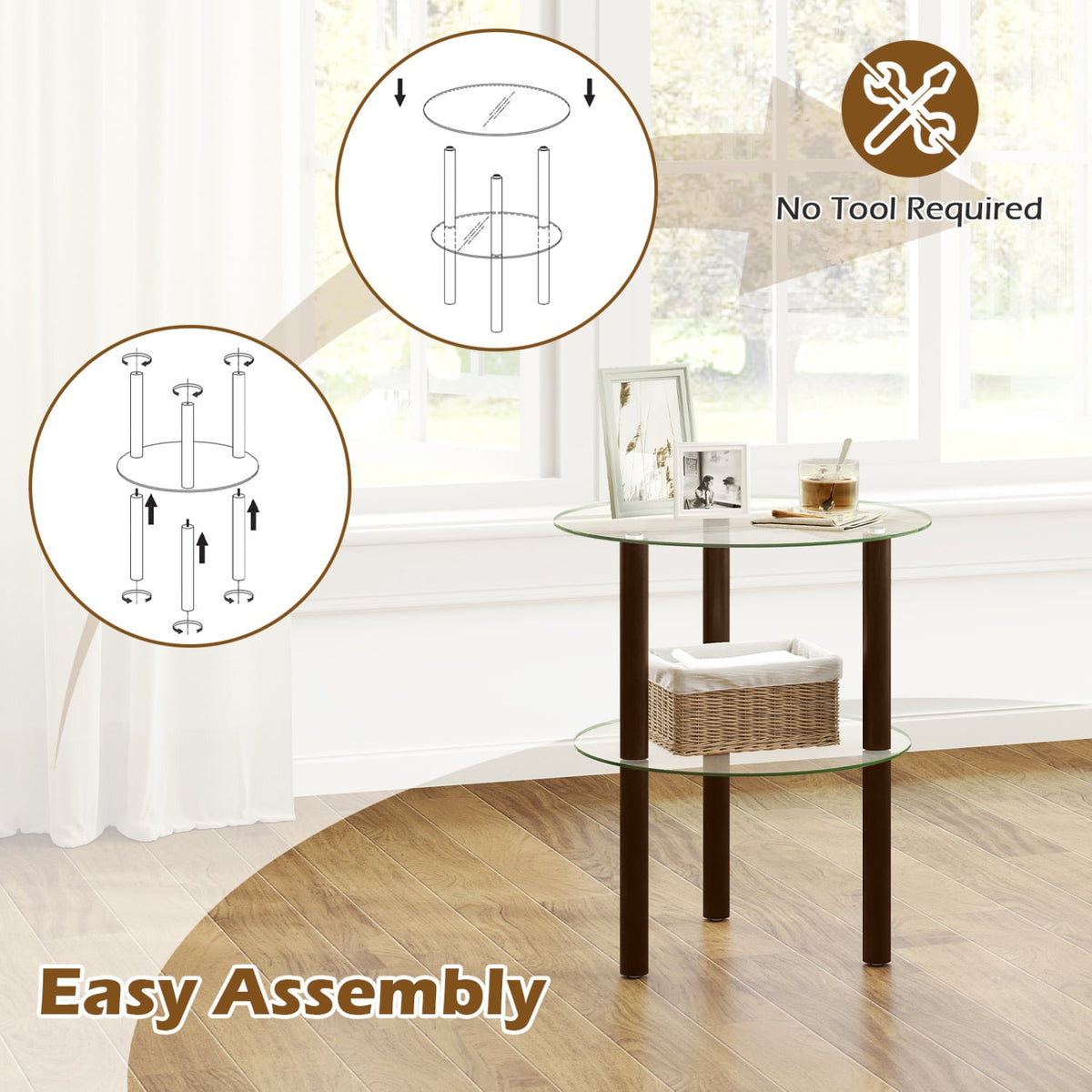 2-Tier Round End Table with Clear Tempered Glass Top and Shelf-Brown view 9