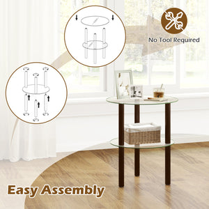 2-Tier Round End Table with Clear Tempered Glass Top and Shelf-Brown view 9