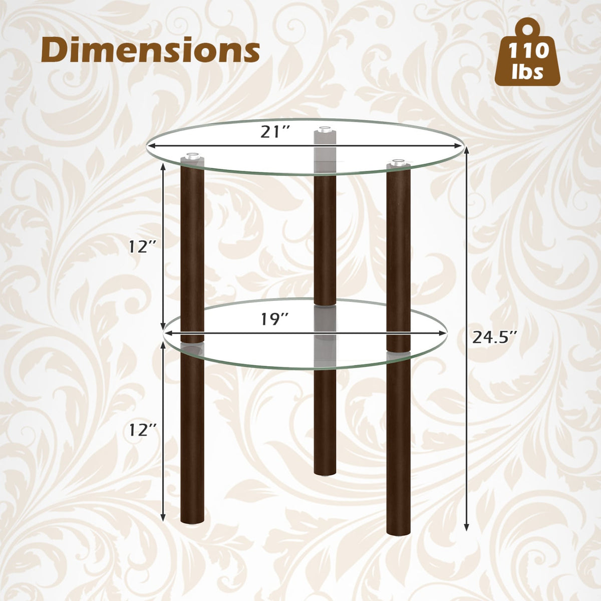 2-Tier Round End Table with Clear Tempered Glass Top and Shelf-Brown view 5