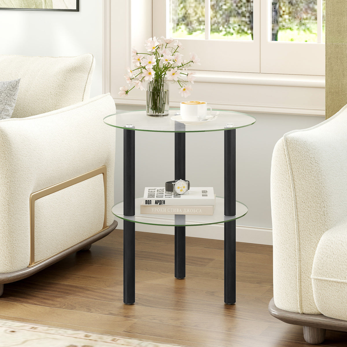 2-Tier Round End Table with Clear Tempered Glass Top and Shelf-Black view 2