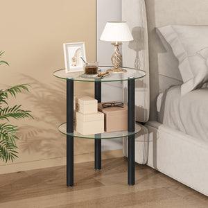 2-Tier Round End Table with Clear Tempered Glass Top and Shelf-Black view 3