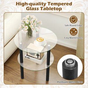 2-Tier Round End Table with Clear Tempered Glass Top and Shelf-Black view 6