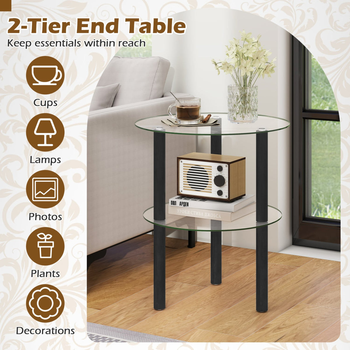 2-Tier Round End Table with Clear Tempered Glass Top and Shelf-Black view 8