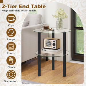 2-Tier Round End Table with Clear Tempered Glass Top and Shelf-Black view 8