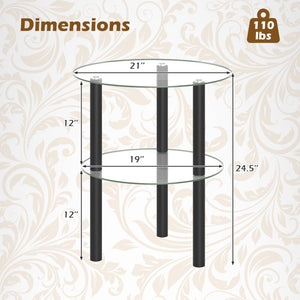 2-Tier Round End Table with Clear Tempered Glass Top and Shelf-Black view 5