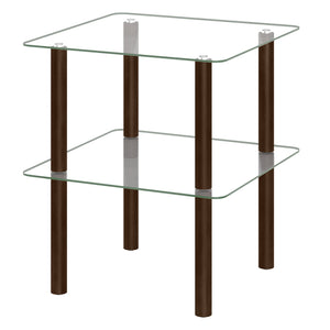2-Tier Square End Table with Shelf and Clear Tempered Glass Top-Brown