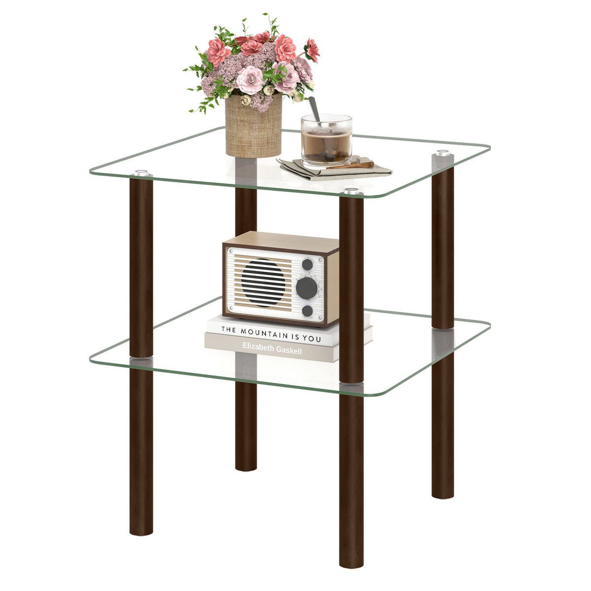 2-Tier Square End Table with Shelf and Clear Tempered Glass Top-Brown view 4