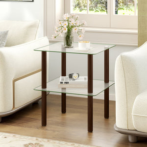 2-Tier Square End Table with Shelf and Clear Tempered Glass Top-Brown view 2