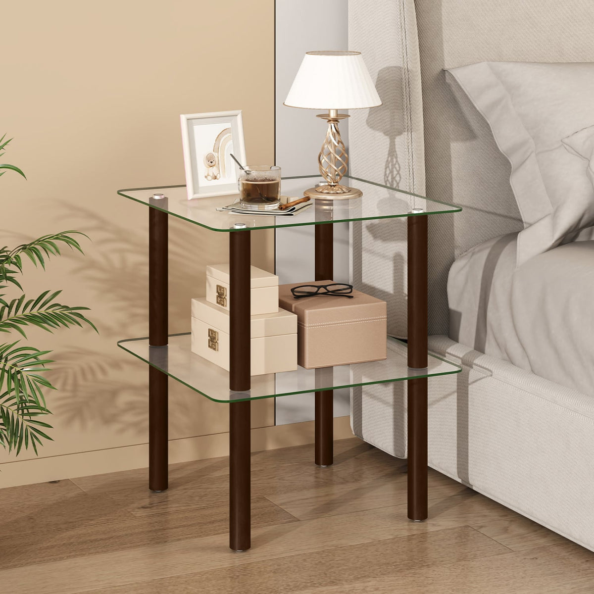 2-Tier Square End Table with Shelf and Clear Tempered Glass Top-Brown view 3