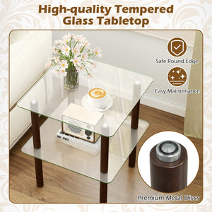 2-Tier Square End Table with Shelf and Clear Tempered Glass Top-Brown view 6