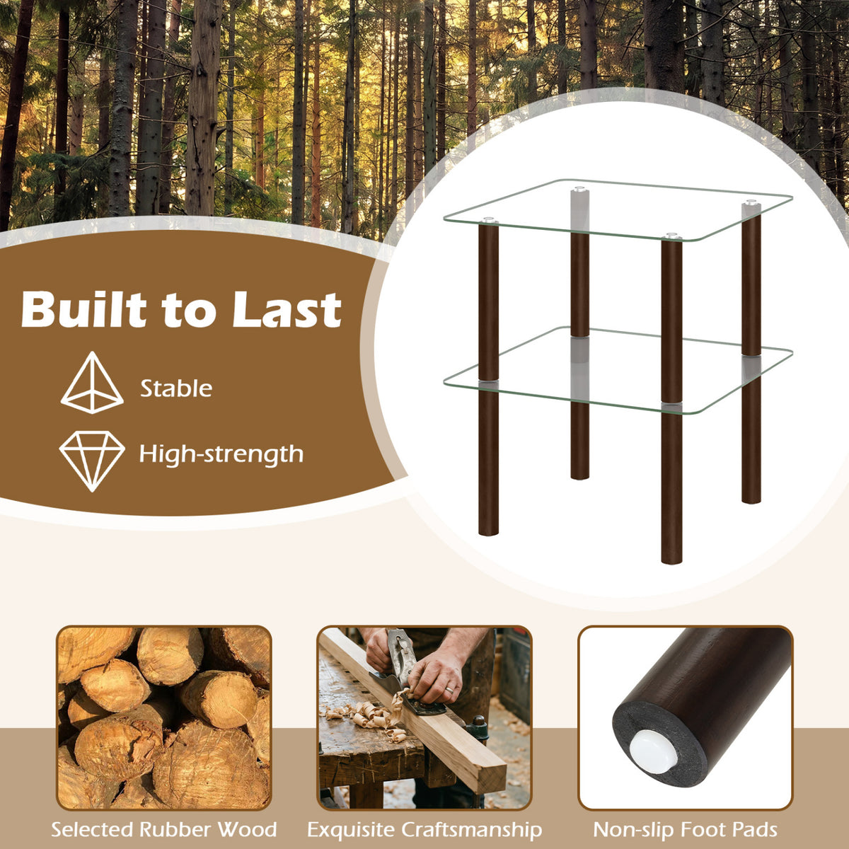 2-Tier Square End Table with Shelf and Clear Tempered Glass Top-Brown view 7
