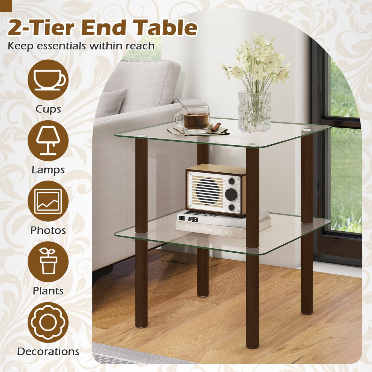 2-Tier Square End Table with Shelf and Clear Tempered Glass Top-Brown view 8