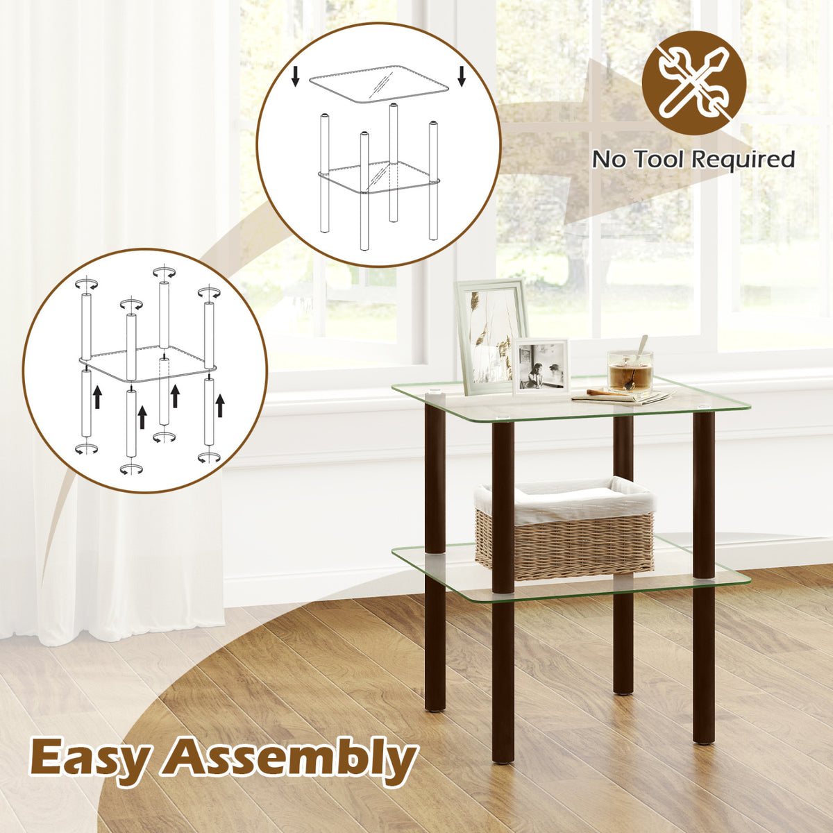 2-Tier Square End Table with Shelf and Clear Tempered Glass Top-Brown view 9