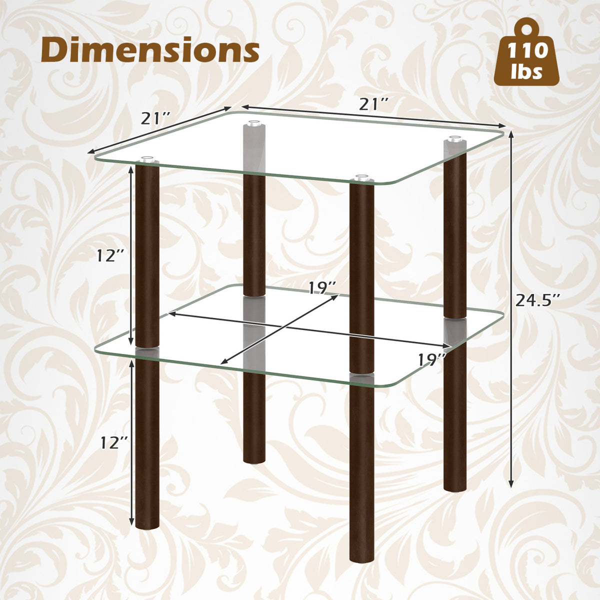 2-Tier Square End Table with Shelf and Clear Tempered Glass Top-Brown view 5