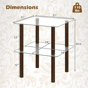 2-Tier Square End Table with Shelf and Clear Tempered Glass Top-Brown view 5