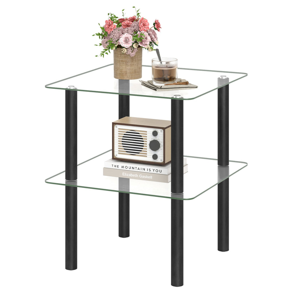 2-Tier Square End Table with Shelf and Clear Tempered Glass Top-Black view 4