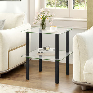 2-Tier Square End Table with Shelf and Clear Tempered Glass Top-Black view 2