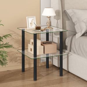 2-Tier Square End Table with Shelf and Clear Tempered Glass Top-Black view 3