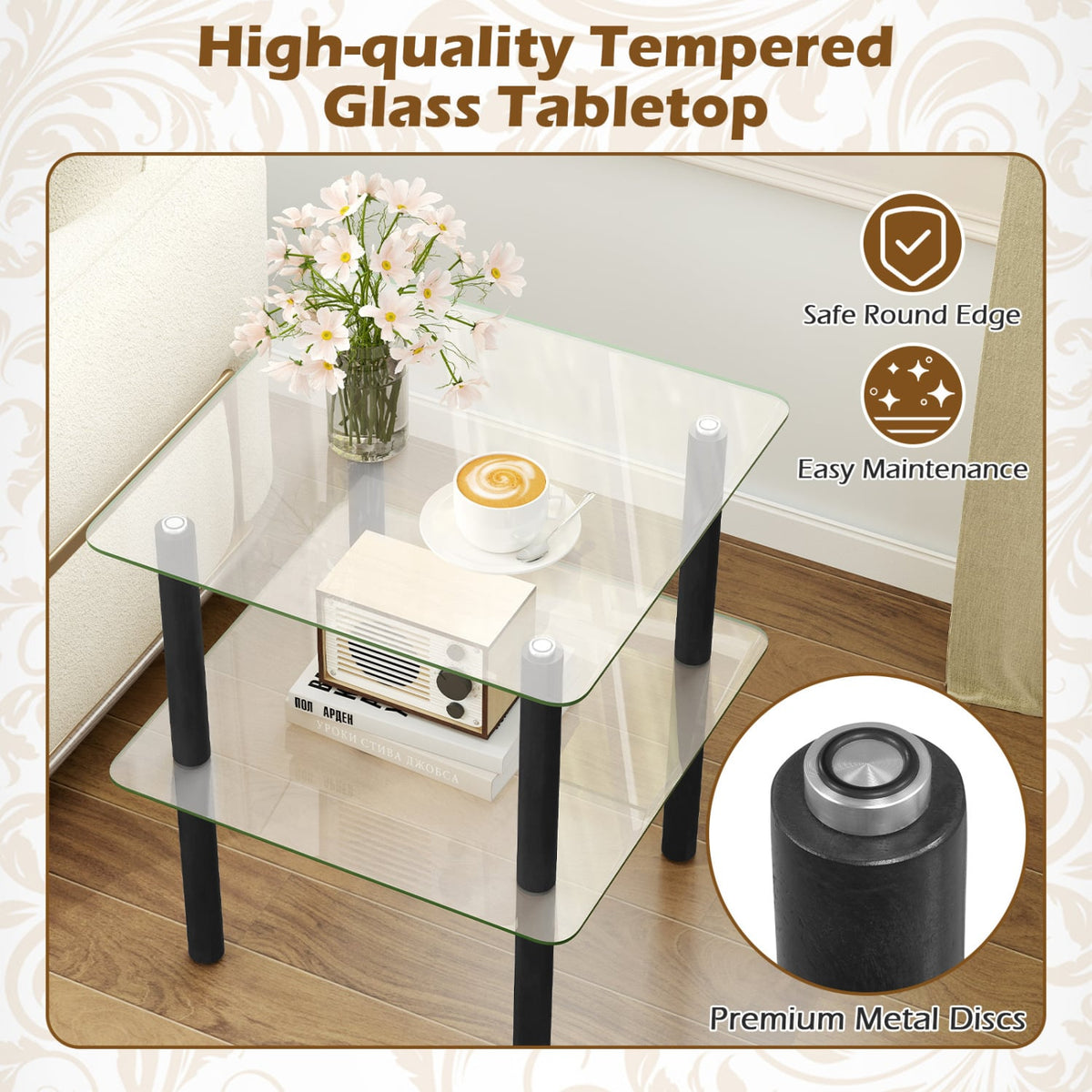 2-Tier Square End Table with Shelf and Clear Tempered Glass Top-Black view 6
