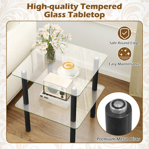 2-Tier Square End Table with Shelf and Clear Tempered Glass Top-Black view 6