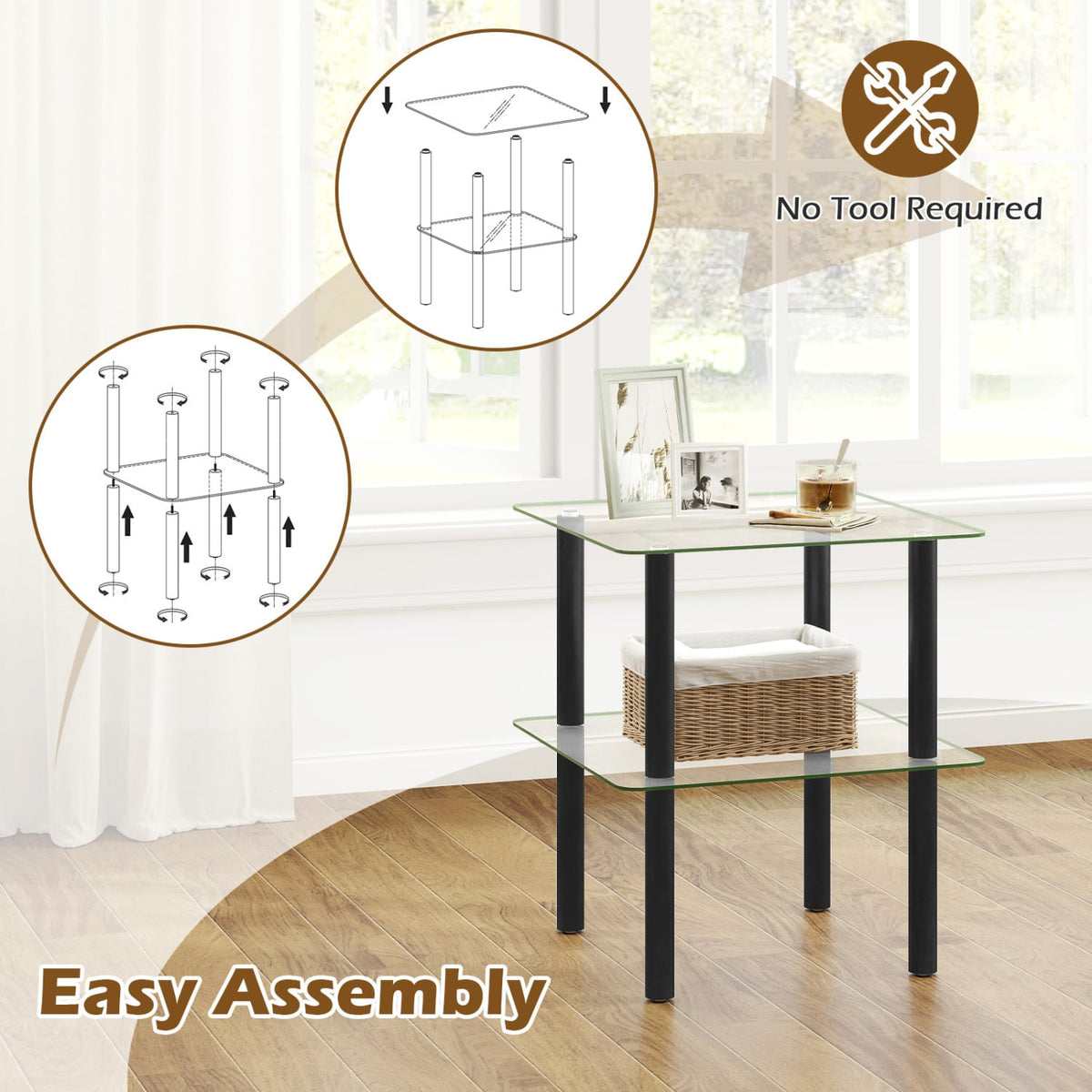 2-Tier Square End Table with Shelf and Clear Tempered Glass Top-Black view 9