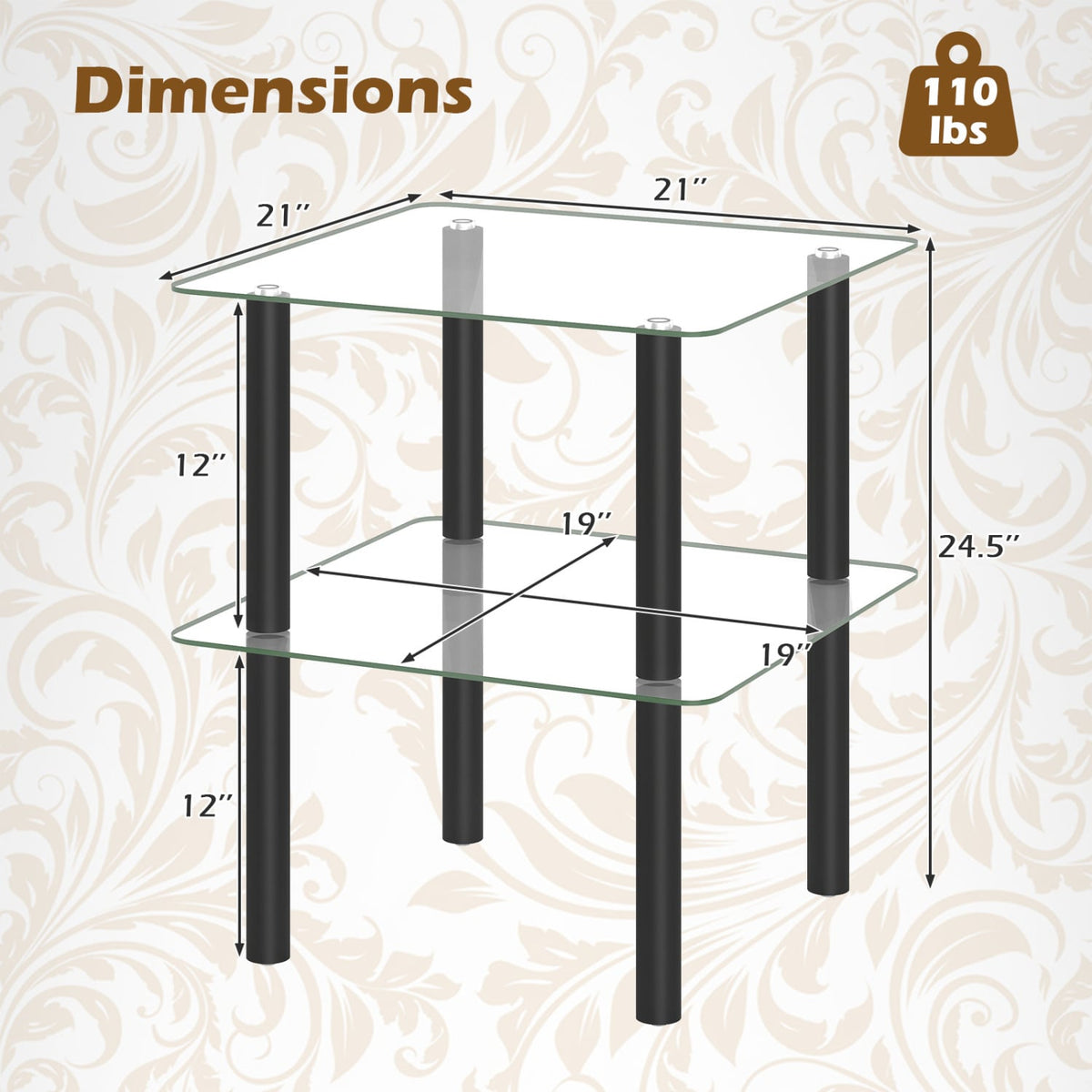 2-Tier Square End Table with Shelf and Clear Tempered Glass Top-Black view 5