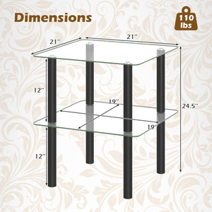 2-Tier Square End Table with Shelf and Clear Tempered Glass Top-Black view 5