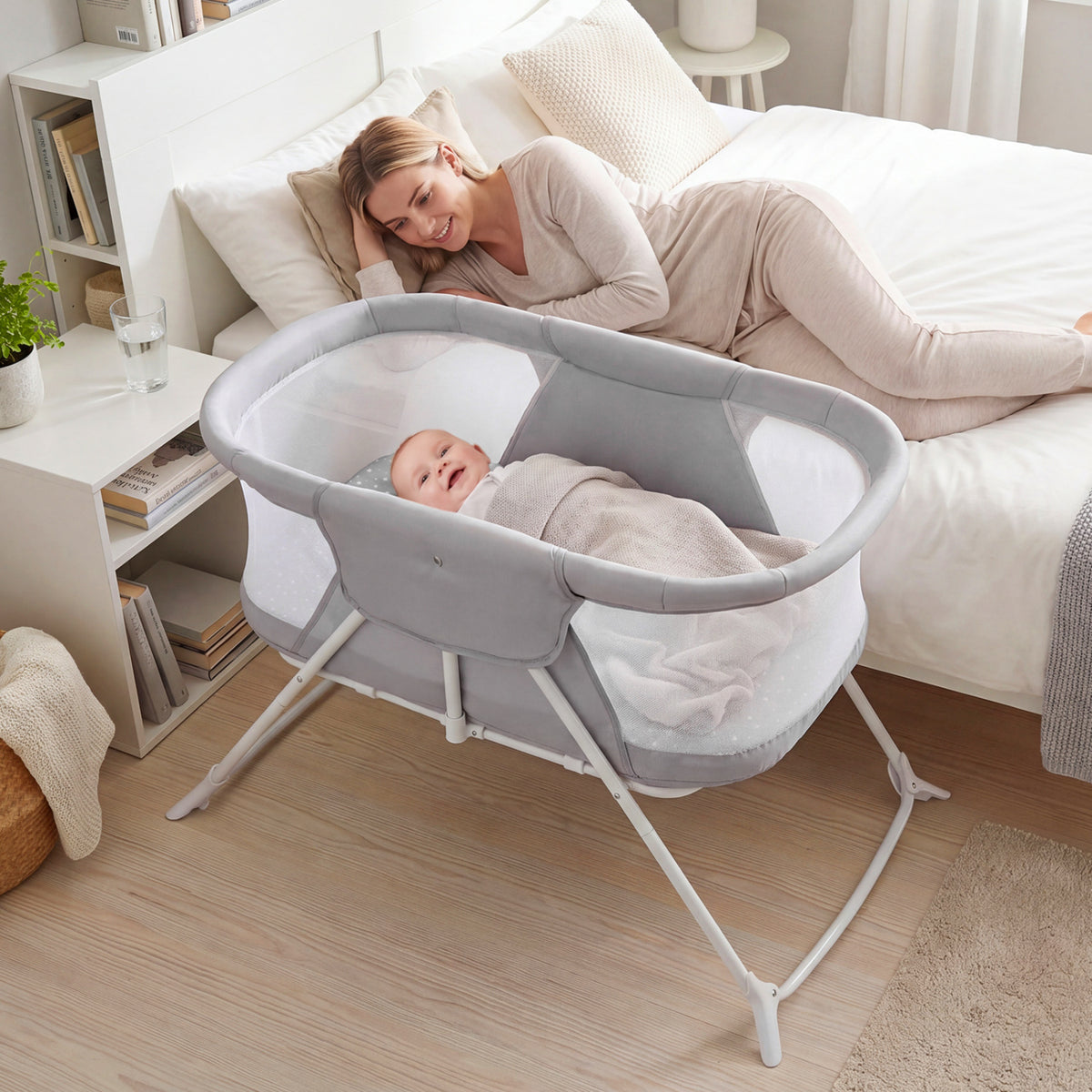 2 in 1 Baby Bassinet with Rocking Motion Foldable Bedside Sleeper with Breathable Mesh-Grey view 2