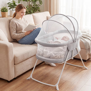 2 in 1 Baby Bassinet with Rocking Motion Foldable Bedside Sleeper with Breathable Mesh-Grey view 3