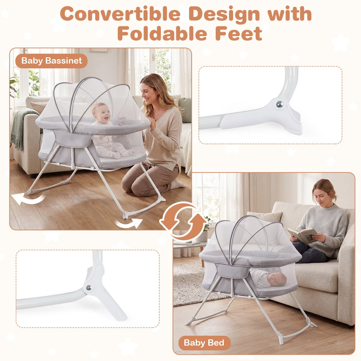 2 in 1 Baby Bassinet with Rocking Motion Foldable Bedside Sleeper with Breathable Mesh-Grey view 6