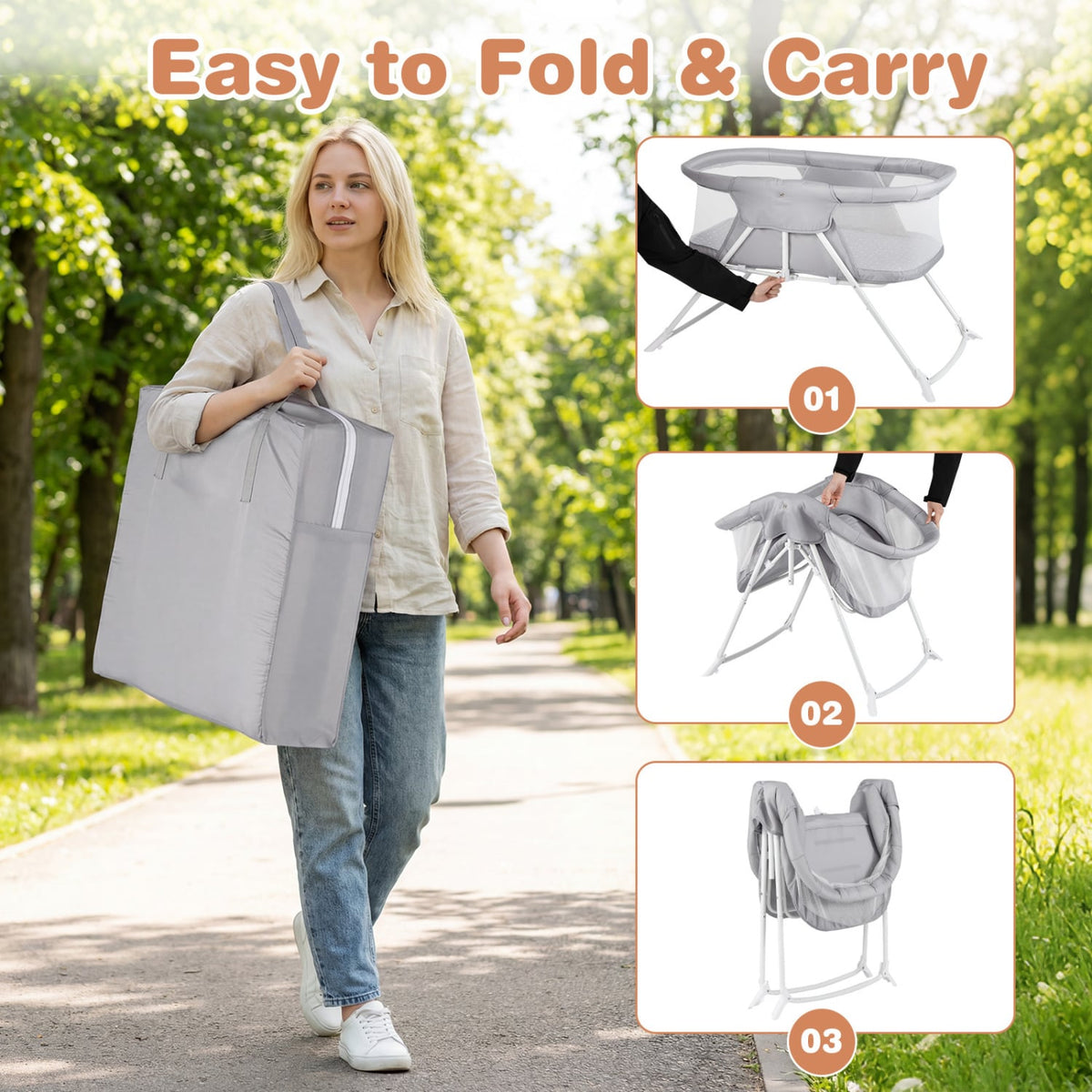 2 in 1 Baby Bassinet with Rocking Motion Foldable Bedside Sleeper with Breathable Mesh-Grey view 9