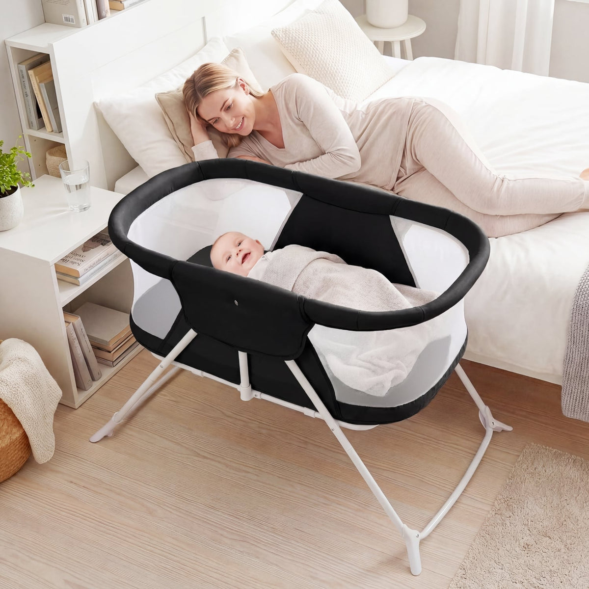 2 in 1 Baby Bassinet with Rocking Motion Foldable Bedside Sleeper with Breathable Mesh-Black view 2