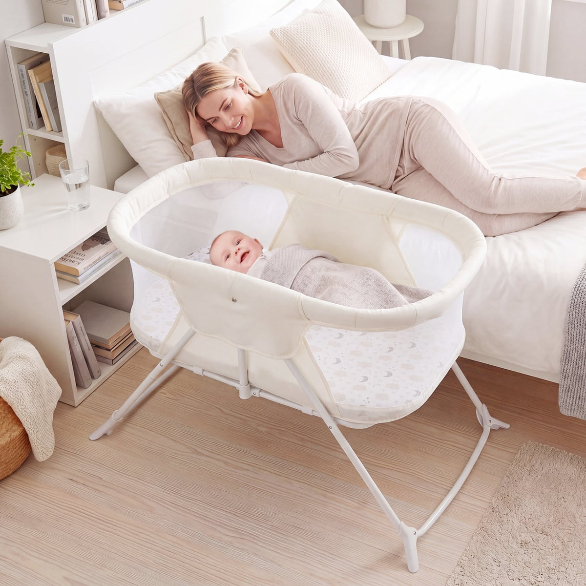 2 in 1 Baby Bassinet with Rocking Motion Foldable Bedside Sleeper with Breathable Mesh-Beige view 2