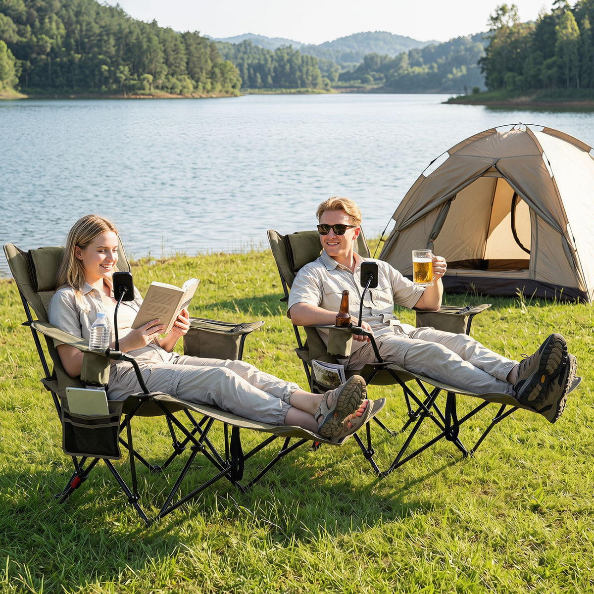 2-in-1 Reclining Camping Chair with 3-Level Adjustable Backrest-Green view 2