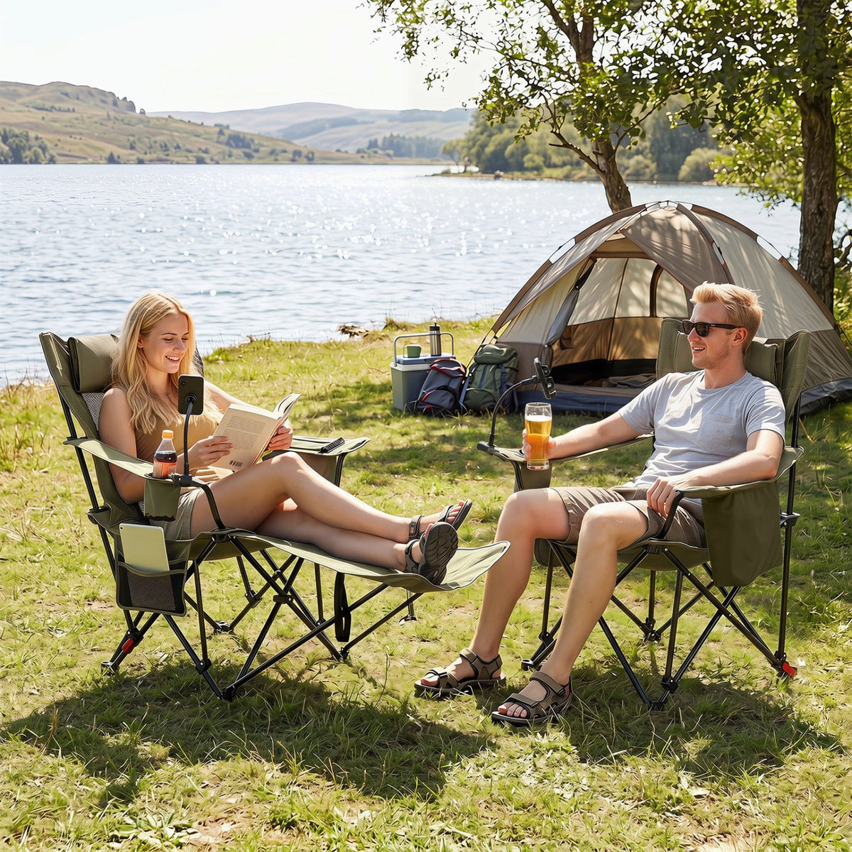 2-in-1 Reclining Camping Chair with 3-Level Adjustable Backrest-Green view 3
