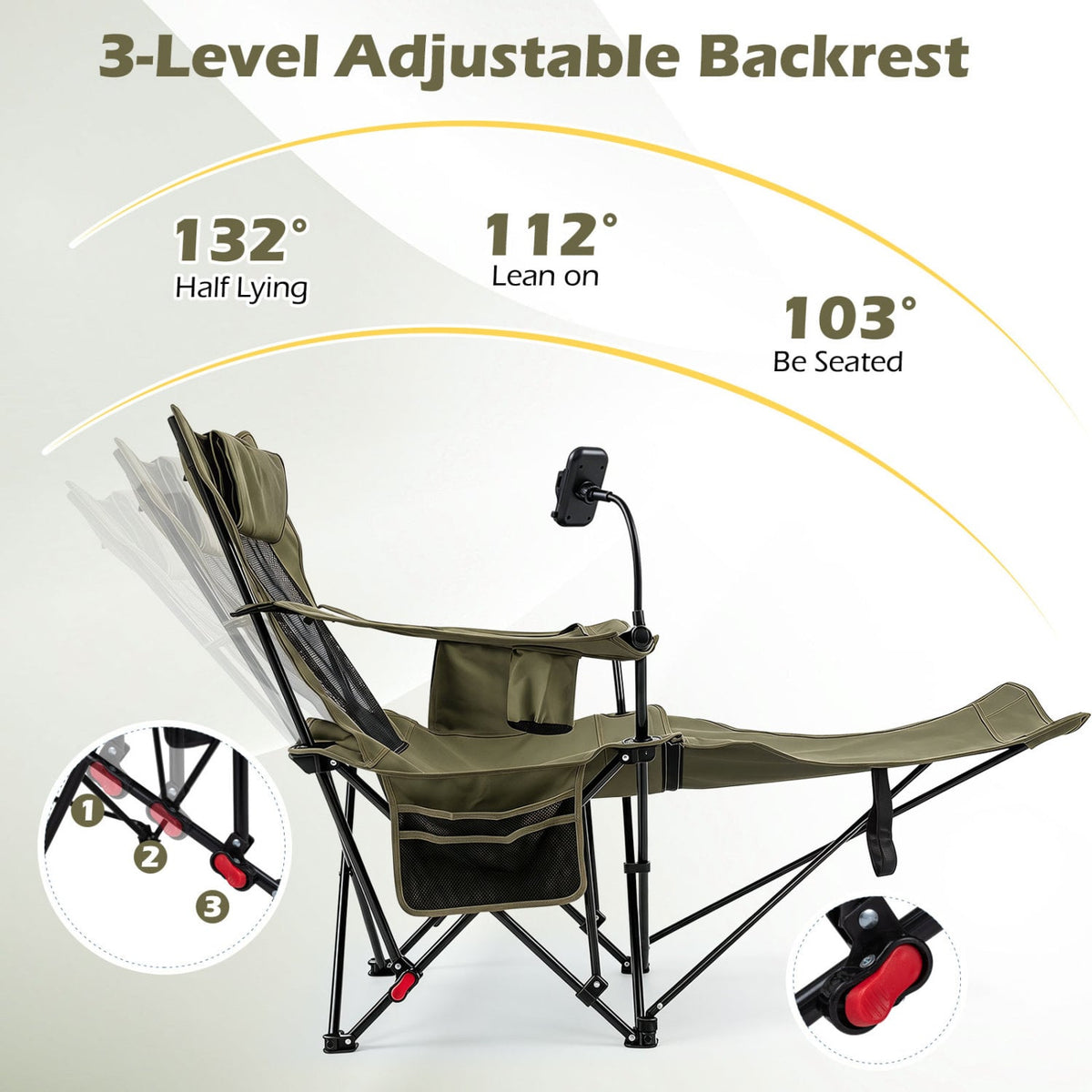 2-in-1 Reclining Camping Chair with 3-Level Adjustable Backrest-Green view 5