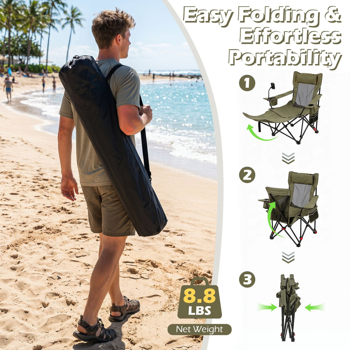 2-in-1 Reclining Camping Chair with 3-Level Adjustable Backrest-Green view 7
