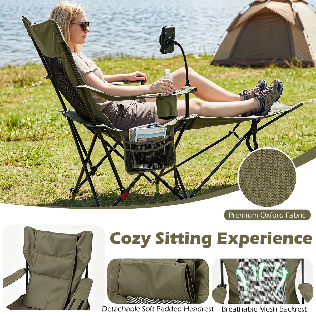 2-in-1 Reclining Camping Chair with 3-Level Adjustable Backrest-Green view 8