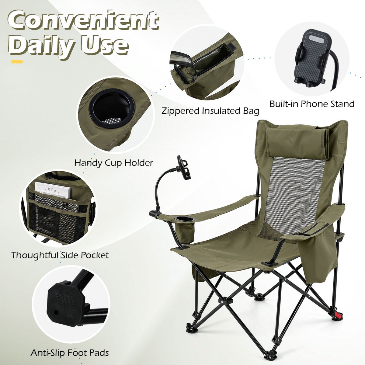 2-in-1 Reclining Camping Chair with 3-Level Adjustable Backrest-Green view 9