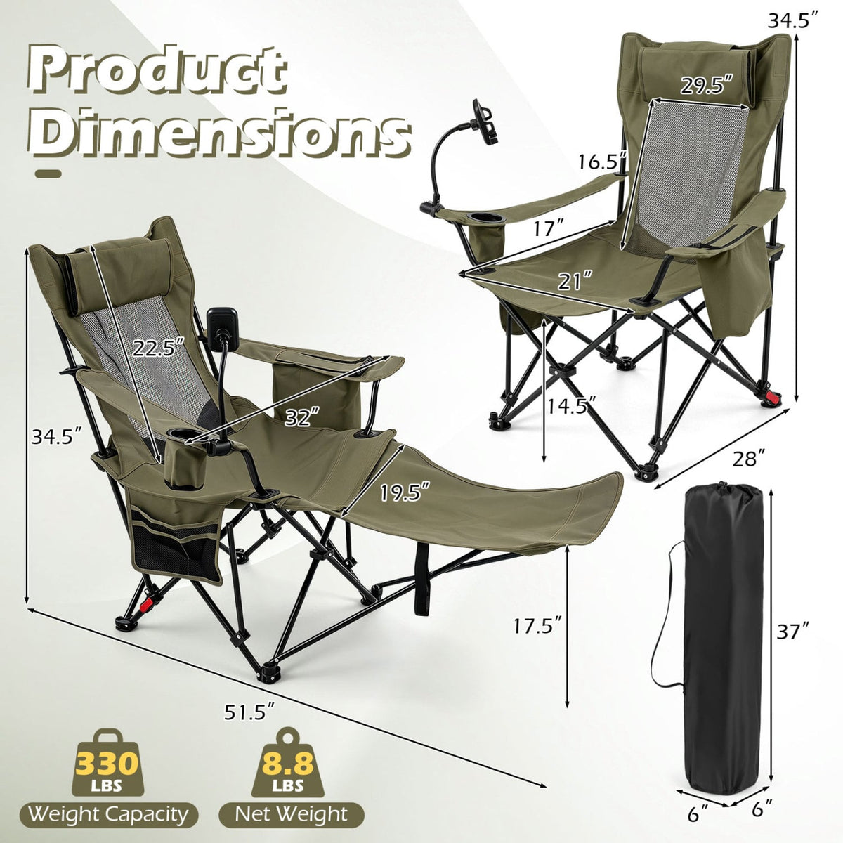 2-in-1 Reclining Camping Chair with 3-Level Adjustable Backrest-Green view 4