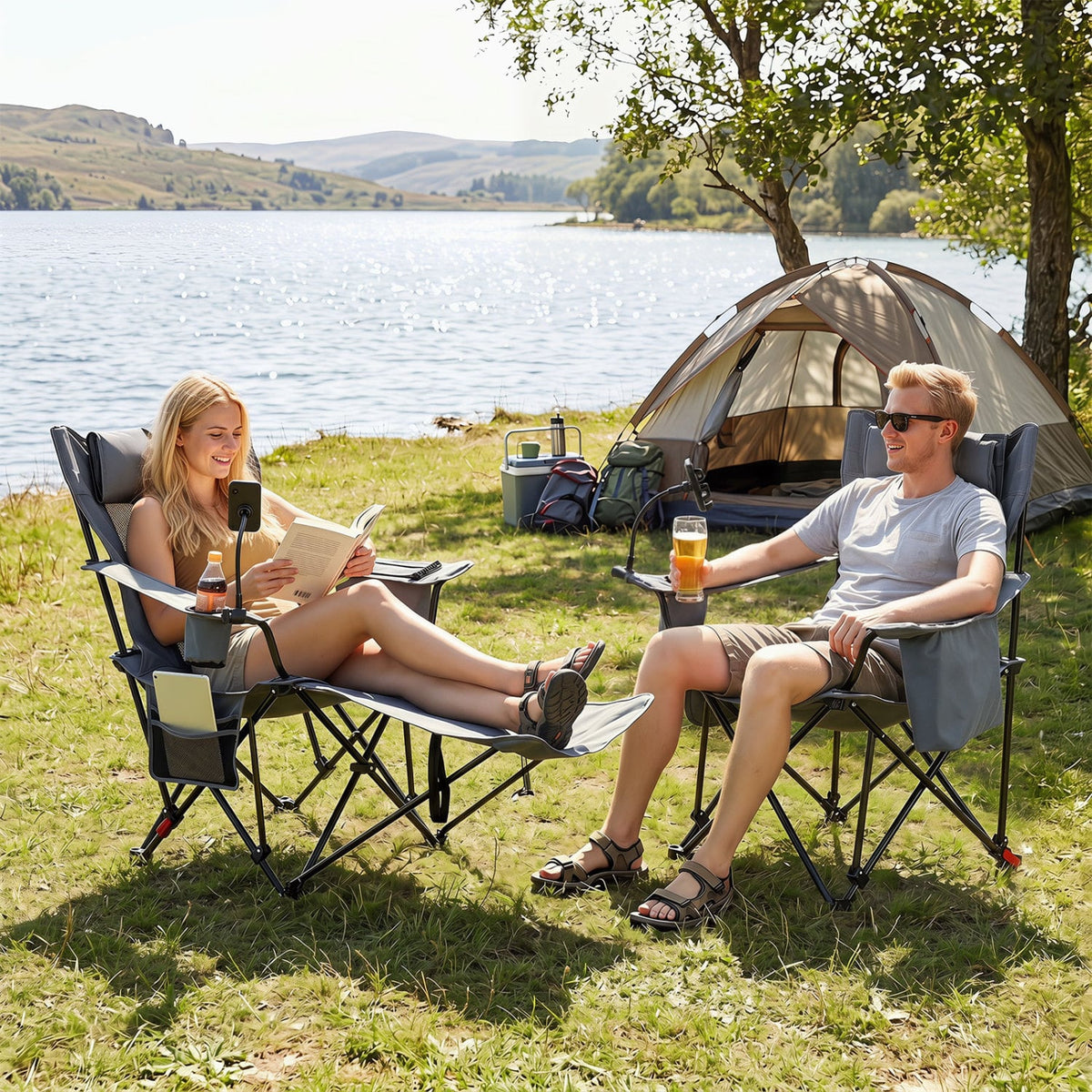 2-in-1 Reclining Camping Chair with 3-Level Adjustable Backrest-Gray view 3