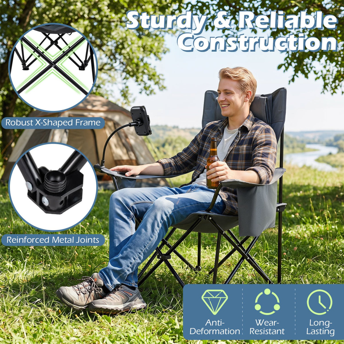 2-in-1 Reclining Camping Chair with 3-Level Adjustable Backrest-Gray view 5